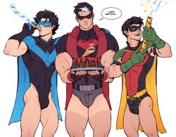 3boys abs balls batman_(series) biceps big_bulge birthday_cake bulge caucasian caucasian_male cocky confetti dc dc_comics dialogue dick_grayson english_text flaccid fraternity happy_birthday huge_bulge jason_todd lad male male_focus male_only masked_male muscles muscular muscular_male nightwing penis red_hood_(dc) red_robin schizoid tanlines teen_boy text thick_thighs tim_drake tough_guy trio trio_focus underwear verbal