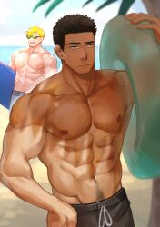 2boys :d :| abs absurdres alternate_body_hair ao_isami bara beach black_hair black_male_swimwear blonde_hair bored cowboy_shot facial_hair highres holding holding_swim_ring large_pectorals lewis_smith looking_ahead male_focus male_nipples male_only male_swimwear medium_sideburns meiji_nsfw multiple_boys muscular muscular_male navel navel_hair nipples no_visible_genitalia pectorals perspective sideburns_stubble smile standing stomach stubble sunglasses swim_ring thick_eyebrows topless_male yaoi yuuki_bakuhatsu_bang_bravern