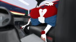 anthro anus ass big_butt bottomwear butt_heart clothing defunctfluff detailed_background fur gas_station green_eyes hi_res honda honda_civic lustful_gaze male male/male night pants presenting presenting_anus red_body red_fur sergal sky solo undressing vas(defunctfluff) white_body white_fur