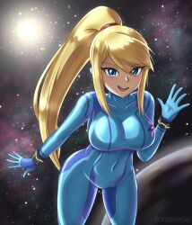 :d blonde_hair blue_bodysuit blue_eyes bodysuit breasts canadiananiguy covered_navel cowboy_shot english_commentary female highres large_breasts leaning_forward long_hair looking_at_viewer metroid ponytail samus_aran sky smile solo space star_(sky) starry_sky taut_clothes waving zero_suit zero_suit_samus