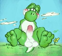 3_toes absurd_res anthro balls blush bodily_fluids feet gaygoat genital_fluids genitals hi_res male mario_(series) nintendo on_grass precum saggy_balls scalie solo toes yoshi