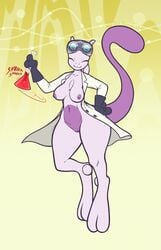 2017 anthro big_breasts breasts clothing cute dakkpasserida digital_media_(artwork) edit english_text eyewear female female_mewtwo genitals goggles lab_coat legendary_pokémon mewtwo miitopia nintendo nipples nude partially_clothed pokemon pokemon_(species) pussy smile solo text video_games