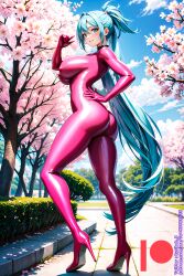 ai_generated bodysuit breasts female high_heels kuriboh_ex_(artist) latex latex_suit oppai rubber rubber_suit turquoise_eyes turquoise_hair