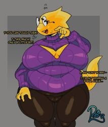 alphys bbw boob_window boss_monster buckteeth cameltoe female freckles glasses large_breasts pants redactedinlight sweater tight_clothing undertale undertale_(series)