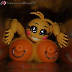 1girls animatronic areolae big_breasts breasts eyelashes female female_only feversfm five_nights_at_freddy's five_nights_at_freddy's_2 heart-shaped_pupils in_vent large_breasts looking_at_viewer nipple_piercing nipples orange_nipples sharp_teeth solo solo_female solo_focus toy_chica_(fnaf) toy_chica_(love_taste) vent yellow_body yellow_skin