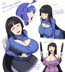 2girls alternate_breast_size blush bouncing_breasts breasts camerata chair dual_wielding gun guns japanese jinguu_kaguya kaguya_jinguu large_breasts multiple_girls orie_ballardiae shocked shocked_expression sweater under_night_in-birth visible_nipples