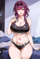 1girls ai_generated big_breasts black_bra black_eyes black_nails black_panties blacked blacked_clothing bra cleavage facing_viewer female female_only gooner4lt honkai:_star_rail kafka_(honkai:_star_rail) large_breasts looking_at_viewer meme_attire panties purple_eyes purple_hair qos qos_clothing queen_of_spades red_lipstick sheet_grab solo sunglasses_on_head thick_thighs wide_hips