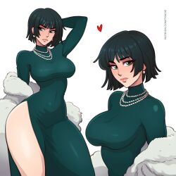 1girls big_breasts big_lips breasts clothing coat dark_green_hair dress ear_piercing earrings female female_only fubuki_(one-punch_man) fur_coat green_dress green_hair hair heart hips huge_breasts lips necklace neckwear one-punch_man pearl_necklace short_hair solo solo_female thick_lips thick_thighs thighs toksie wide_hips