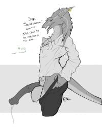 animal_genitalia balls bottomwear clothing dialogue digital_drawing_(artwork) digital_media_(artwork) ear_piercing equine_genitalia erection fur genitals hi_res kroren male pants piercing sergal shirt simple_background solo tail topwear