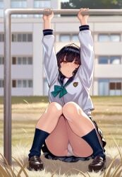 ai_generated cute cute_face kuudere looking_at_viewer school_background school_uniform schoolgirl shiokonbu shiokonbu_art_style showing_panties white_panties