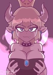 big_breasts blonde_hair blue_eyes bowsette breasts cartoon cartoony collarbone crown elf_ears evil_eyes fang female fire front_view horns mario_(series) naughty_face new_super_mario_bros._u_deluxe pink_background princess smile solo squeezing_breast super_crown teeth_showing