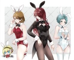 4girls aegis_(persona) aigis_(persona) alternate_costume android animal_ears aqua_eyes aqua_hair ass bare_shoulders black_bow black_bowtie black_leotard blonde_hair blue_eyes blush bow bowtie breasts brown_eyes brown_hair bunny_ears bunnysuit chibi chibi_inset cleavage closed_mouth commentary_request cowboy_shot detached_collar earrings embarrassed fake_animal_ears fake_tail fishnet_pantyhose fishnets frilled_straps hair_over_one_eye jewelry leotard long_hair long_sleeves looking_at_viewer medium_breasts mitsuru_kirijo multiple_girls pantyhose pearl_earrings persona persona_3 persona_3_reload playboy_bunny rabbit_ears rabbit_tail red_bow red_bowtie red_eyes red_hair red_leotard robot_ears short_hair strapless strapless_leotard stud_earrings sweatdrop tail thigh_strap thighhighs white_leotard white_thighhighs wrist_cuffs yamagishi_fuuka yukari_takeba