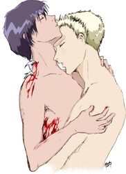 2boys blonde_hair blood blue_hair hug hugging legato_bluesummers male millions_knives multiple_boys nude short_hair tagme trigun yaoi