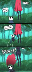 ass assisted_exposure bluebirdoasis cloak comic female hollow_knight hornet_(hollow_knight) legs male outdoors ripped_clothing stripped stripped_naked stuck stuck_in_tree tree