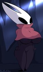 2023 2_horns anthro arthropod artist_name belly black_arms black_belly black_body black_breasts black_eyes black_legs blue_text bottomless breasts cave cloak clothed clothing davidsanchan digital_drawing_(artwork) digital_media_(artwork) female fist genitals hands_on_hips hi_res hollow_knight horn hornet_(hollow_knight) insects looking_forward mouthless navel noseless not_furry pussy red_cloak short_stack simple_background solo standing team_cherry text