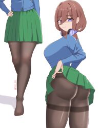 1girls big_ass blue_eyes brown_hair el_bin feet go-toubun_no_hanayome hair_between_eyes headphones_around_neck huge_breasts long_hair looking_at_viewer nakano_miku panties_visible_through_clothing pantyhose round_ass skirt skirt_lift thick_thighs thighs viewed_from_behind