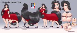 big_balls big_breasts big_penis black_hair blue_eyes futanari human_taur lowres original_character red_dress reference_sheet tail vagina