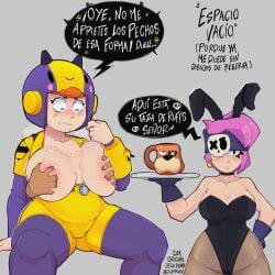 bea_(brawl_stars) big_breasts brawl_stars bunny_costume bunnysuit colonel_ruffs eye_patch eyepatch fake_animal_ears mug orange_hair penny_(brawl_stars) pink_hair spanish_text zelsxnn