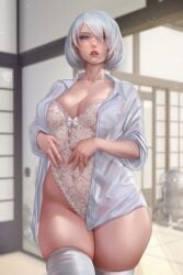 1girls 2d 2d_(artwork) belly_button belly_button_visible_through_clothing blue_eyes breasts detailed_background dress_shirt female female_focus female_only lace lace_trim large_breasts lingerie looking_at_viewer mole mole_under_mouth navel nier:_automata platinum_games prywinko see-through solo solo_female solo_focus thick_thighs thighhighs thighs white_hair white_shirt wide_hips yorha_2b