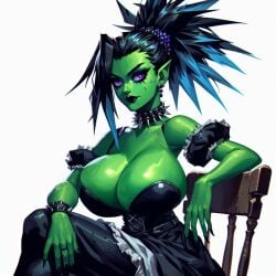 1female 1girls ai_generated big_breasts black_hair breasts cleavage cleavage_overflow female female_only gigantic_breasts goblin goblin_female green_skin green_skinned_female huge_breasts large_breasts massive_breasts oktoberfest orc orc_female ponytail soft_breasts solo solo_female sorceress white_hair