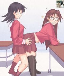 2girls azumanga_daiou blush brown_hair dark_hair desk dry_humping female glasses inkuusan koyomi_mizuhara light-skinned_female long_hair photo_inset reference_inset scene_interpretation school_uniform schoolgirl skirt thighhighs tomo_takino uniform yuri