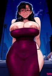 1girls ai_generated areola areola_bulge areola_slip areolae areolae_slip arms_behind_back big_breasts black_hair breasts bursting_breasts choker dress female female_focus female_only from_below gloopai hourglass_figure huge_breasts mature mature_female nai_diffusion night night_sky nipple_bulge nipple_slip nipples nipples_visible_through_clothing outdoors outside pubic_hair red_eyes see-through see-through_clothing see_through solo solo_female solo_focus steam steaming_body strapless strapless_dress thick thick_ass thick_legs thick_thighs thighs thong tongue tongue_out transparent_clothing waist wide_hips