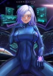 1girls blue_eyes crossover_cosplay eryx45 metroid pokies rwby white_hair winter_schnee zero_suit zero_suit_samus_(cosplay)