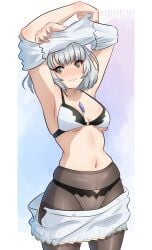 1girls armpits arms_up black_bra black_legwear bra cat_ears core_crystal highres legwear midriff mio_(xenoblade) navel panties shirt_lift skirt skirt_removed tank_top undressing white_skirt white_top xenoblade_(series) xenoblade_chronicles_3 yaizaberry yellow_eyes