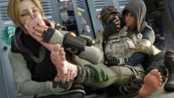 3girls bare_shoulders barefoot between_toes blonde_hair boots_removed clothed clothed_female ela_(rainbow_six) feet female female_only foot_fetish hat hibana_(rainbow_six) iq_(rainbow_six) multiple_girls rainbow_six rainbow_six_siege shoes_removed sniffing_feet socks_removed soles ticklishpixels toes tom_clancy