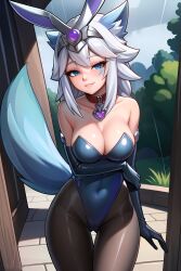 1girls ai_generated animal_ears blue_eyes bunnysuit female female_only io_(paladins) looking_at_viewer paladins silver_hair solo stable_diffusion