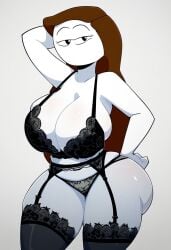 ai_generated big_breasts black_lingerie brown_hair bubble_butt fat_ass front_view garter_belt garter_straps half-closed_eyes hand_behind_head hand_on_butt huge_breasts let_me_explain_studios lingerie pose posing rebecca_parham sexy_pose