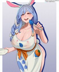1girls apron apron_only blue_hair bunny_ears cooking cream cuddlephish0 hololive hololive_fantasy hololive_japan large_breasts long_hair looking_at_viewer nipples_visible_through_clothing pale-skinned_female pale_skin pekomama red_eyes virtual_youtuber
