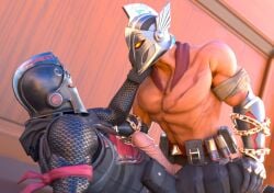 2boys ares_(fortnite) big_penis black_knight_(fortnite) faceless_male fortnite gay helmet helmet_covering_face helmet_only huge_cock knight male male/male male_only mask masked masked_male muscular muscular_male penis shirtless shirtless_male