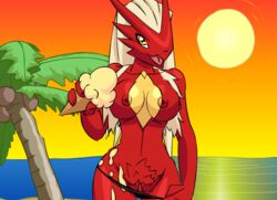 anthro blaziken breasts color day female female_only ice_cream nipples outdoors pikanjo pokemon pokemon_(species) pokemon_snap_xxx solo standing tagme topless vulva