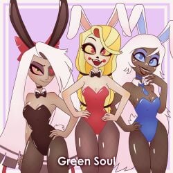 bunny_costume bunny_girl bunnysuit charlie_morningstar_(hazbin_hotel) emily_(hazbin_hotel) female hazbin_hotel source_request tagme tagme_(artist) trio vaggie_(hazbin_hotel)