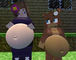 2girls 3d bia_prowell_(slipperyt) big_breasts blush comparing_belly comparing_sizes fat female female_only flower_in_hair huge_belly jenny_belle_(slipperyt) minecraft pregnant rubbing_belly smug source_filmmaker thick_thighs