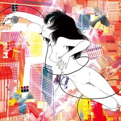 abstract_background album_cover bird breasts building cable completely_nude cover female female_pubic_hair gotou_mariko greyscale_with_colored_background highres holding holding_microphone long_hair looking_to_the_side microphone nipples nude original pigeon profile pubic_hair small_breasts solo thigh_gap traffic_light yamamoto_naoki