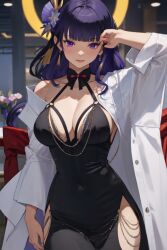 ai_generated black_dress breasts chains earrings genshin_impact hair_ornament hoyoverse long_hair mihoyo modakawa_dress purple_eyes purple_hair raiden_shogun white_jacket wide_hips