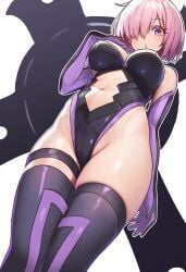 1girls breasts ebora fate/grand_order fate_(series) female hair_over_one_eye high_resolution highleg_leotard large_breasts leotard light-skinned_female light_skin low-angle_view mash_kyrielight pink_hair purple_eyes short_hair tight_clothing youngmanisdown