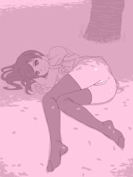 anus ass bad_drawr_id bad_id character_request copyright_request dappled_sunlight female francine_(daijaemon) greyscale long_hair looking_at_viewer lying monochrome no_panties oekaki on_grass on_side pink_theme pussy shade shirt short_sleeves smile solo sunlight thighhighs tree