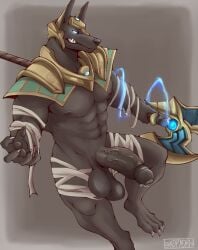 anthro anubian_jackal arm_wraps armor balls big_balls big_penis biped canid canine canis claws colored digital_drawing_(artwork) digital_media_(artwork) erection finger_claws genitals glans hi_res humanoid_genitalia humanoid_penis jackal kopyorh league_of_legends leg_wraps male male_only mammal muscular muscular_anthro muscular_male nasus nipples penis riot_games simple_background solo teeth toe_claws vein veiny_penis wraps