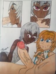 2boys artist_request balls blonde_hair blowjob blue_eyes fellatio femboy gay original_character penis red_eyes sera_(raylero_oc) white_hair yaoi