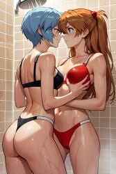 2girls ai_generated ass ass_visible_through_thighs asuka_langley_sohryu bikini black_bra black_panties blue_eyes blue_hair blush bra breast_grab breasts brown_eyes closed_mouth collarbone cowboy_shot cranpeach eye_contact grabbing grabbing_another's_breast long_hair looking_at_another medium_breasts multiple_girls navel neon_genesis_evangelion orange_hair panties red_bra red_panties rei_ayanami shinestrap short_hair shower showering smile standing thong tile_wall tiles underwear underwear_only wet yuri