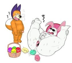 anthro anus balls belly bodily_fluids canid canine canis domestic_dog dragon_ball duo easter easter_egg egg egg_laying erection eyewear foreskin gaping gaping_anus genitals hi_res holidays japanese_text lagomorph leporid male male/male mammal masturbation monster_carrot moobs naked nipples nude penis rabbit seyrmo shiba_inu shu_(dragon_ball) slightly_chubby spitz sunglasses sweat text