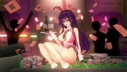 1girls ass breasts bunny_ears bunnysuit casino date_a_live exposed_breasts female female_only glasses light-skinned_female purple_eyes purple_hair thighs wine yatogami_tohka