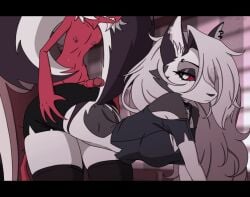 2d all_fours animated anthro anthropomorphic ass bouncing_breasts breasts butt_grab canid canid_demon cleavage clothed clothing demon demon_boy demon_girl demon_humanoid duo duplicate ear_piercing earrings ears_up female freckles furry genitals gif gray_fur hair hair_over_one_eye hand_on_butt hellhound helluva_boss hot_dogging humanoid imp kyde legwear long_hair looking_back loona_(helluva_boss) male male/female mammal moxxie_(helluva_boss) penis piercing red_sclera red_skin sex slit_pupils standing standing_sex tail thick_thighs thighhighs unimpressed vivienne_medrano white_eyes white_fur white_hair widescreen wolf yellow_sclera