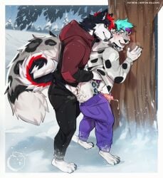 against_natural_surface against_surface against_tree anal anal_sex animal_genitalia animal_penis anthro anthro_on_anthro anthro_penetrated anthro_penetrating anthro_penetrating_anthro ass big_tail black_body black_clothing black_fur black_hair blue_eyes blush blush_lines bodily_fluids bottomwear brown_eyes canid canine canine_genitalia canine_penis canis clothing cum cum_in_ass cum_inside cum_on_butt cum_on_penis cum_while_penetrated curled_tail domestic_dog duo ear_piercing erection facial_piercing felid fur genital_fluids genitals grey_body grey_fur hair hand_on_neck hand_on_side hand_on_tree hi_res highlights_(coloring) hoodie husky industrial_piercing jacket knot knotted_penis knotting leopard_spots lip_piercing looking_back looking_pleasured lowered_pants male male/male male_anthro male_penetrated male_penetrating male_penetrating_male mammal markings mohawk nerton nordic_sled_dog outside pantherine pants paws penetration penile penile_penetration penis penis_in_ass piercing pink_penis plant public purple_clothing rainbow_spots red_clothing red_hair red_penis sebastian_the_husky sex silversnep smile smirk snakebite_piercing snow snow_leopard spitz spots spotted_body standing standing_sex tail topwear tree white_body white_fur