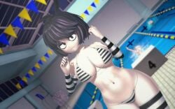 1girls adult_swim armwear big_breasts creepy_susie goth goth_girl koikatsu looking_at_viewer nail_polish stockings striped_armwear striped_clothing striped_legwear striped_swimsuit swimming_pool the_oblongs thick_thighs