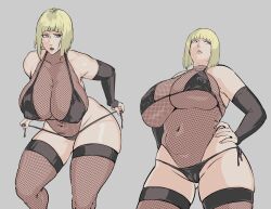 1girls armwear big_breasts black_gloves blonde_hair bottomwear breasts breasts_bigger_than_head chocobitpie cleavage clothing elbow_gloves female female_only fishnet fishnet_leotard fishnet_thighhighs fishnets gloves hair hand_on_hip huge_breasts large_breasts legwear leotard lips nails naruto naruto_(series) nipple_bulge ryopie samui short_hair skimpy skimpy_clothes solo solo_female thick_thighs thighhighs thighs topwear venus_body