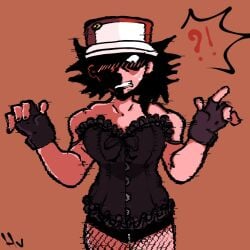 black_hair blush blushing_profusely corset crossdressing embarrassed fingerless_gloves fishnets friday_night_funkin friday_night_funkin_lullaby glitchy_red gritted_teeth hat hv_(artist) hypnos_lullaby looking_down male_only male_solo manly_crossdresser only_male panties pink_body solo_male wide_eyed